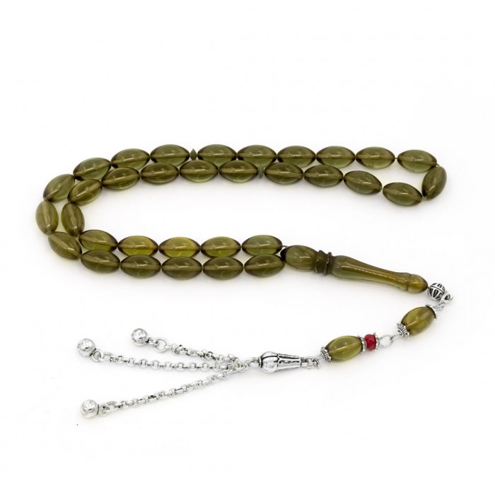 Olive Green Amber Prayer Beads - Barley Shaped