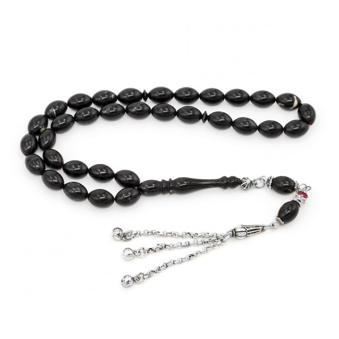 Black Amber Prayer Beads - Barley Shaped