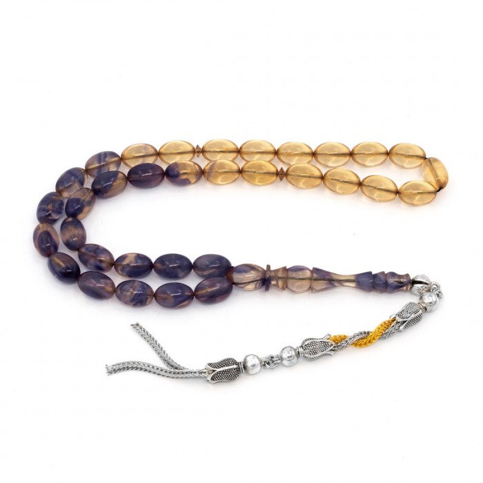 Blue - Yellow Amber Prayer Beads - Barley Shaped