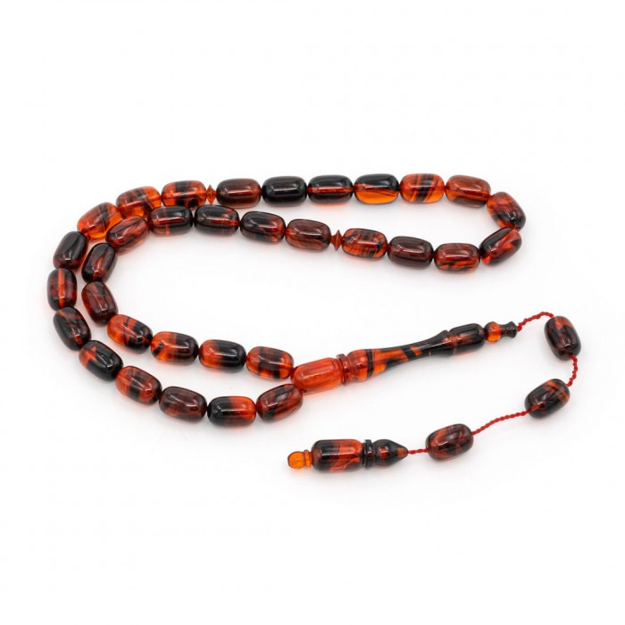 Moire Red Amber Prayer Beads - Capsule Shaped