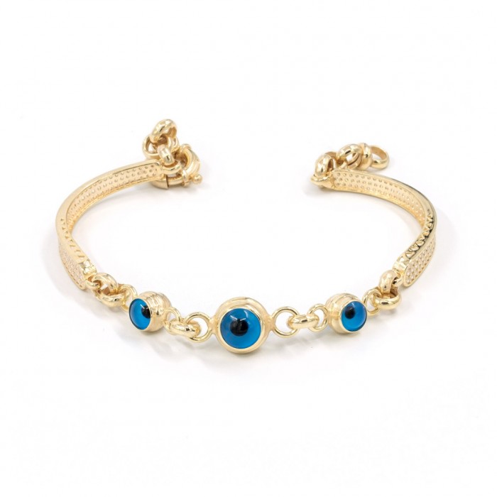 Turkish Silver Bracelet with Gold Color Plating, Evil Eye Beads, and Zircon Stones