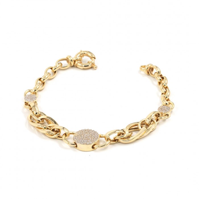 925 Turkish Silver Bracelet in Gold Color with Interlocking Rings Design and Crystal Zircon Charms