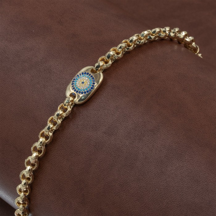 925 Sterling Silver Turkish Bracelet in Gold Color with Interlocking Rings Design and Evil Eye Charm