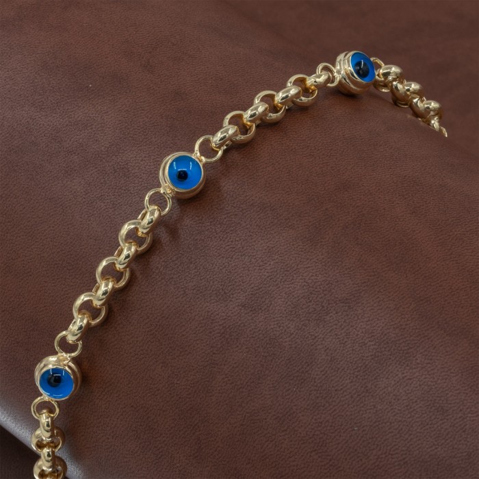 Sterling Silver Bracelet in Gold Plated with Interlocking Links Design with Three Evil Eye Balls