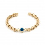 Silver Bracelet in Gold Color with Interlocking Rings Design Studded with Blue Eye Stone