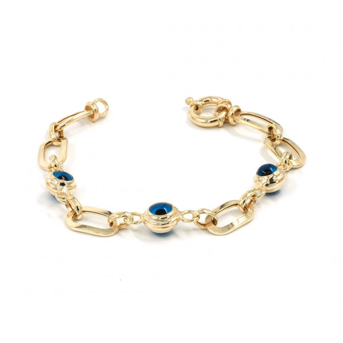 Elegant Women's Silver Bracelet in Gold Color with Interlocking Rings and Evil Eye Stone