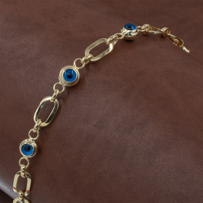 Elegant Women's Silver Bracelet in Gold Color with Interlocking Rings and Evil Eye Stone