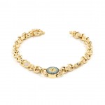 Sterling Silver Chain Bracelet with Gold Color Featuring Evil Eye Bead and Zircon Stone Amulets