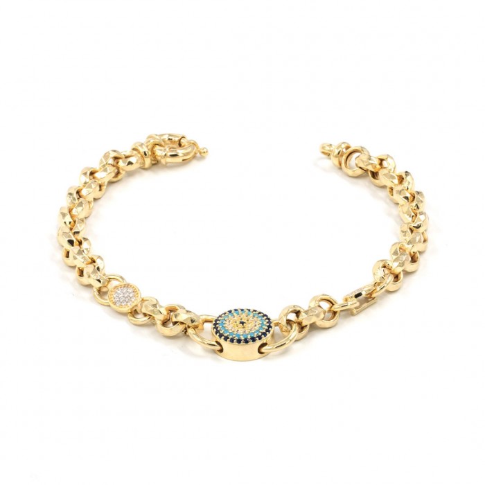 Sterling Silver Chain Bracelet with Gold Color Featuring Evil Eye Bead and Zircon Stone Amulets