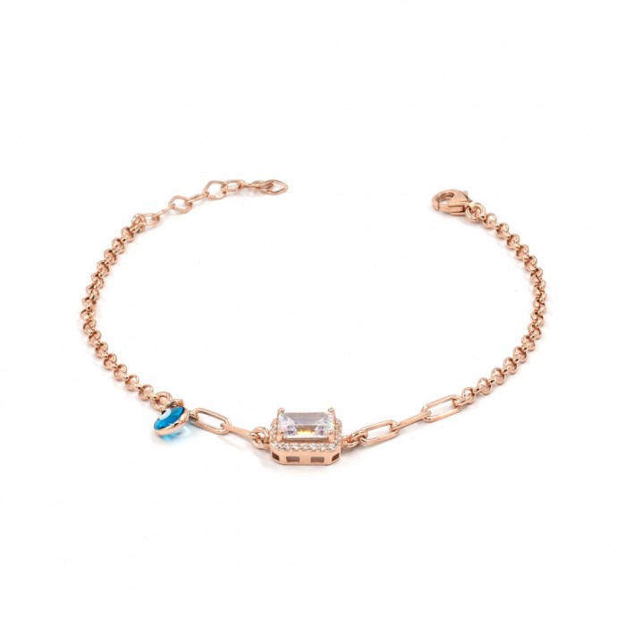 Royal Silver Bracelet in Copper Color with White Zircon Stone and Blue Eye Bead