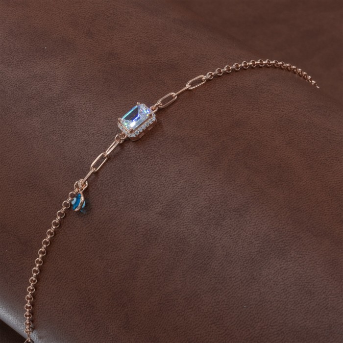 Royal Silver Bracelet in Copper Color with White Zircon Stone and Blue Eye Bead