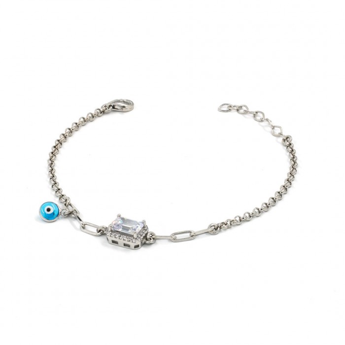 925 Sterling Silver Turkish Design Bracelet with Zircon Stone and Blue Evil Eye Charm