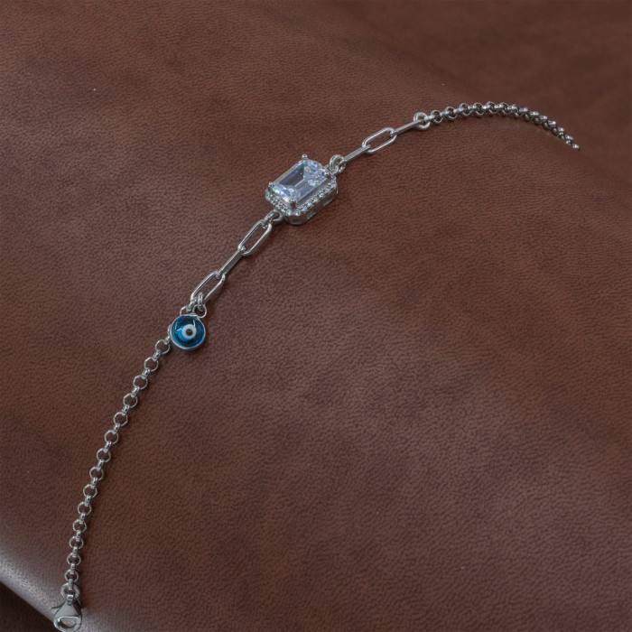 925 Sterling Silver Turkish Design Bracelet with Zircon Stone and Blue Evil Eye Charm