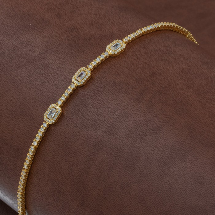 Sterling Silver Tennis Bracelet in Gold with Three Large White Zircon Stones