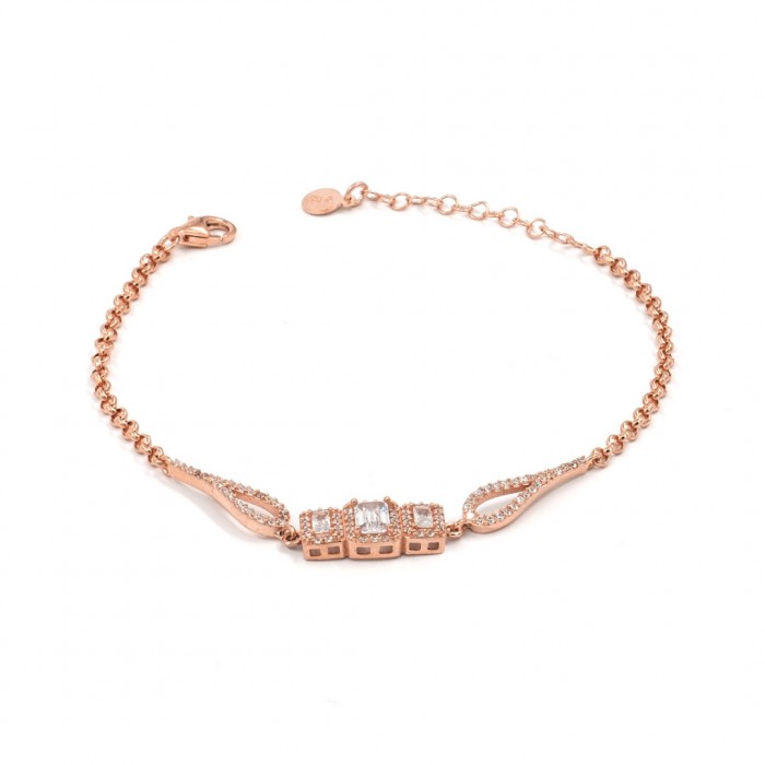 925 Sterling Silver Women's Bracelet with Gold-Tone Circular Chain Design and Clear Zircon Stone