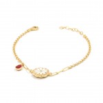 Women's Silver Bracelet in Gold Color with Circular Rings Decorated with a White Love Rose and a Red Teardrop