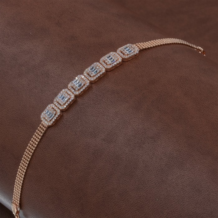 Wide Chain Bracelet Made of Sterling Silver in Gold Color Studded with Beautiful Zircon Stones