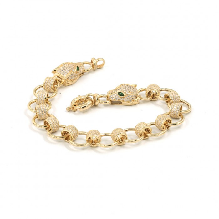 Tiger Head Bracelet in Gold-Tone Silver with Zircon Stones in Intertwined Ring Design