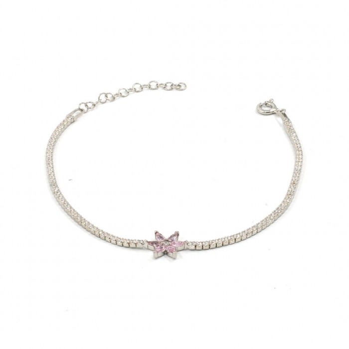 Sterling Silver Chain Bracelet with Transparent Zircon and Pink Love Rose