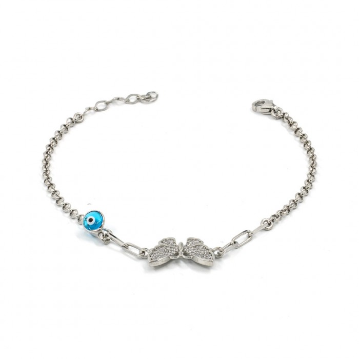 Sterling Silver Bracelet with Butterfly and Evil Eye Design