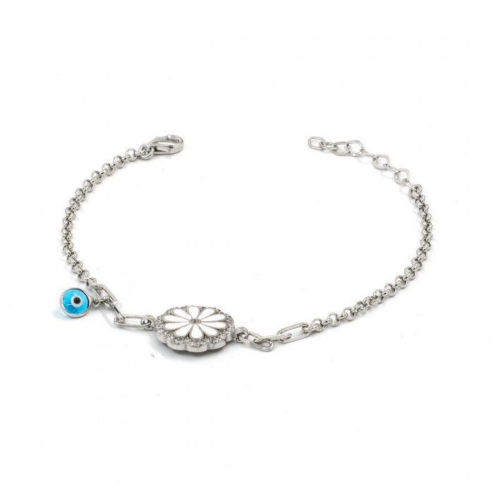 925 Sterling Silver Bracelet with White Love Rose and Blue Bead to Ward Off Evil Eye