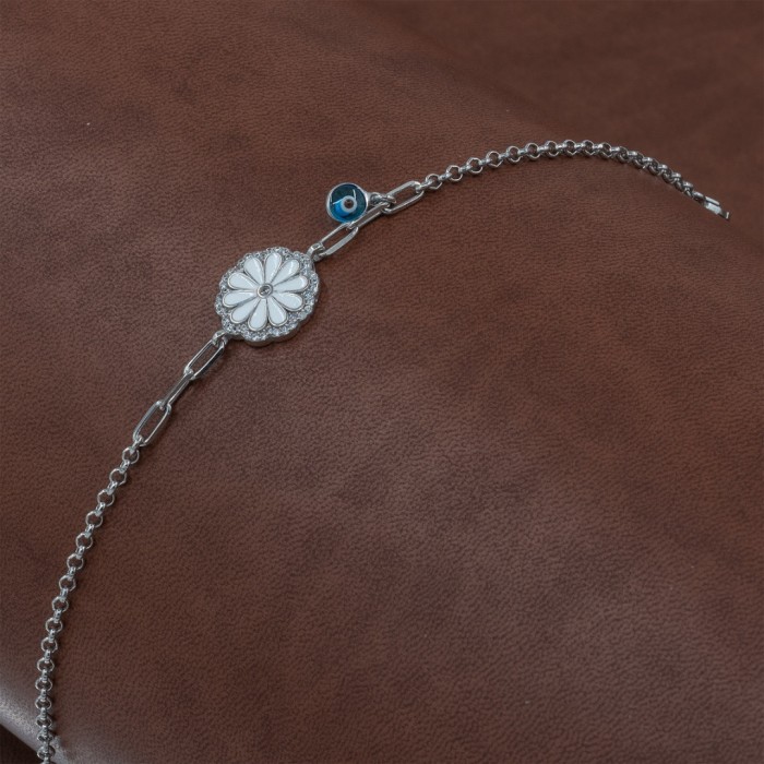 925 Sterling Silver Bracelet with White Love Rose and Blue Bead to Ward Off Evil Eye