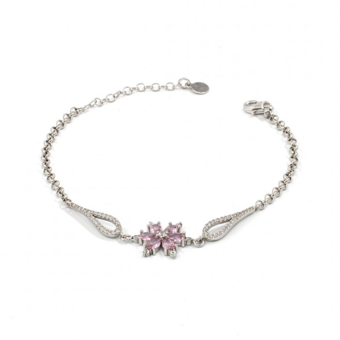 925 Sterling Silver Bracelet with Pink Flower and Clear Zircon Stones