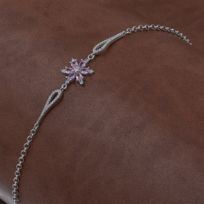 925 Sterling Silver Bracelet with Pink Flower and Clear Zircon Stones