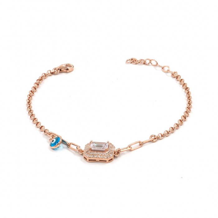 Women's Silver Bracelet in Gold with Elegant Zircon Stones and Blue Eye