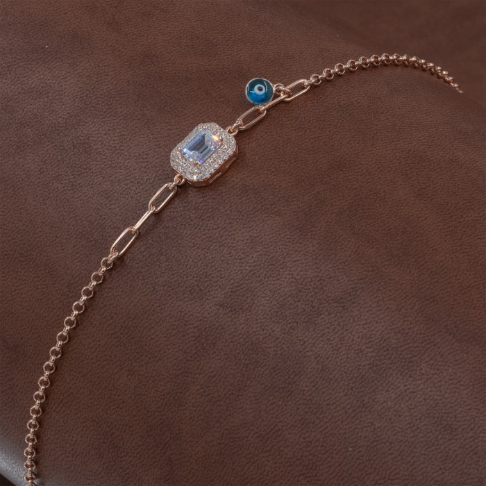 Women's Silver Bracelet in Gold with Elegant Zircon Stones and Blue Eye