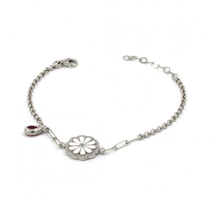 925 Silver Bracelet with White Flower of Optimism and Teardrop Zircon Stone