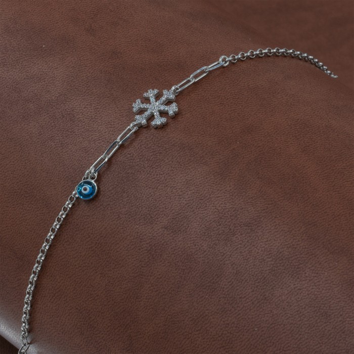 Women's Silver Snowflake Bracelet Decorated with Cubic Zircon and Evil Eye Amulet with Adjustable Chain