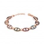 Women's Gold-Tone Sterling Silver Bracelet with Oblique Oval Design Studded with Shiny Colored Zircon and Crystals Stones