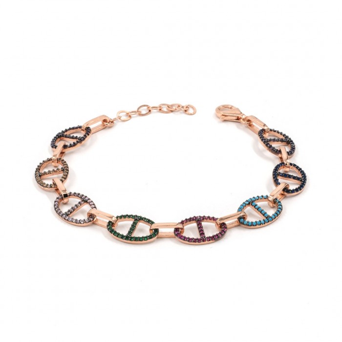 Women's Gold-Tone Sterling Silver Bracelet with Oblique Oval Design Studded with Shiny Colored Zircon and Crystals Stones