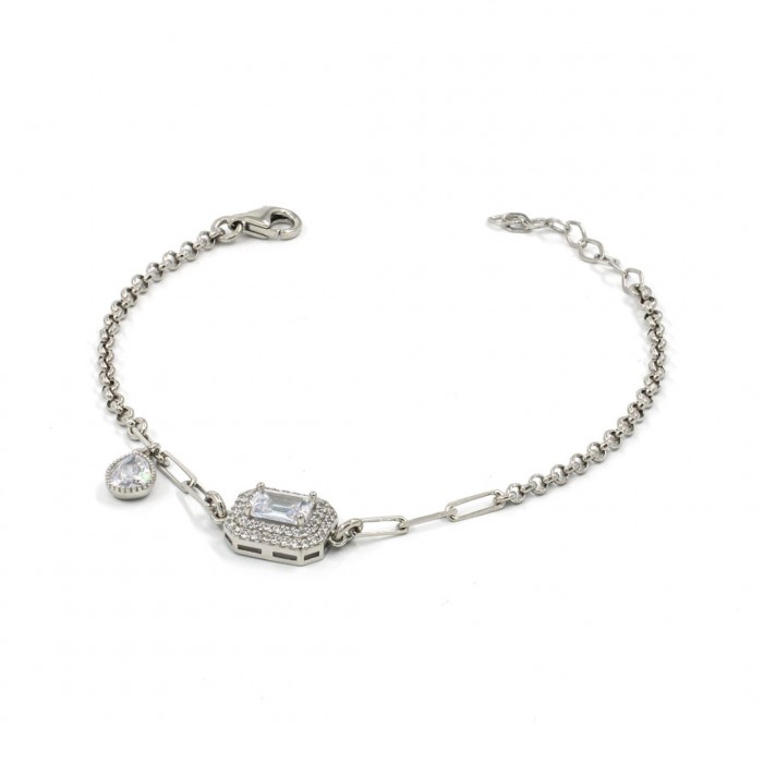 Women's Sterling Silver Bracelet with Diamond Zircon Stone and Teardrop Zircon Stone