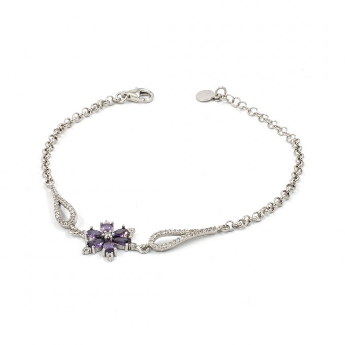 Women's 925 Silver Bracelet Made of Zircon Stone and Decorated with a Beautiful Purple Flower 