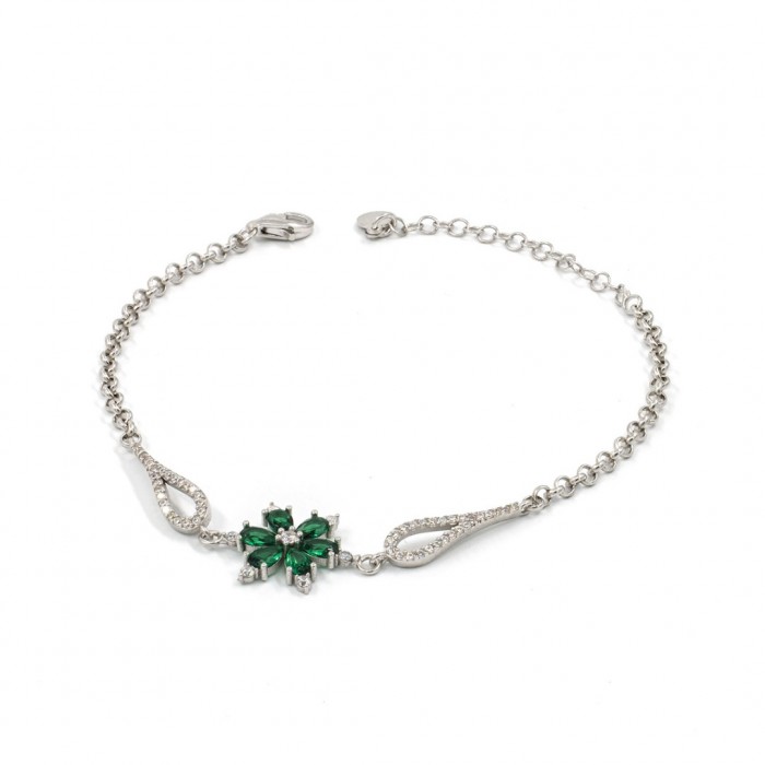 Women's Silver Bracelet with Green Emerald Flower and Zircon Stone