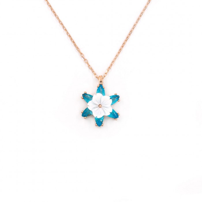 925 Sterling Silver Pendant with Turquoise Zircon Stones in the Shape of a Six-Pointed Star and a White Flower in the Middle