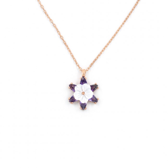 Pearl Necklace of Silver in Gold Color and Zirconium with Hexagonal Star Design in Purple Color with White Rose for Women