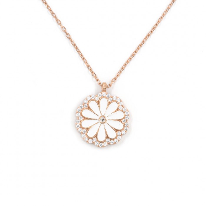 Women's Sterling Silver Necklace with White Rose Medallion and Clear Zircon Stones