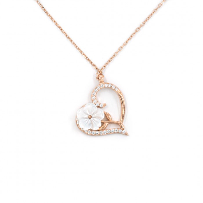 Women's Necklace: Sterling Silver, Gold Color Plated with Love Heart Design and White Rose