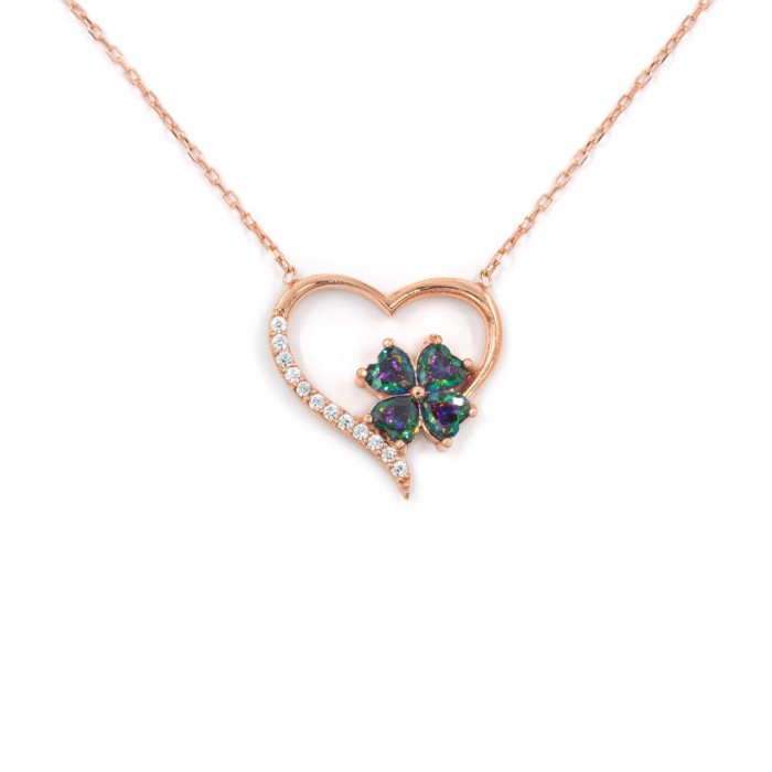 Turkish Women's Silver Necklace Plated in Gold Color with a Love Heart Design and Clear Zircon Stones