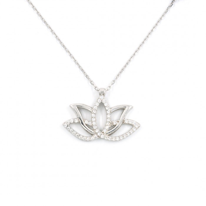 Sterling Silver Necklace For Women, Lotus Flower Design, Decorated with Clear Zircon Stone