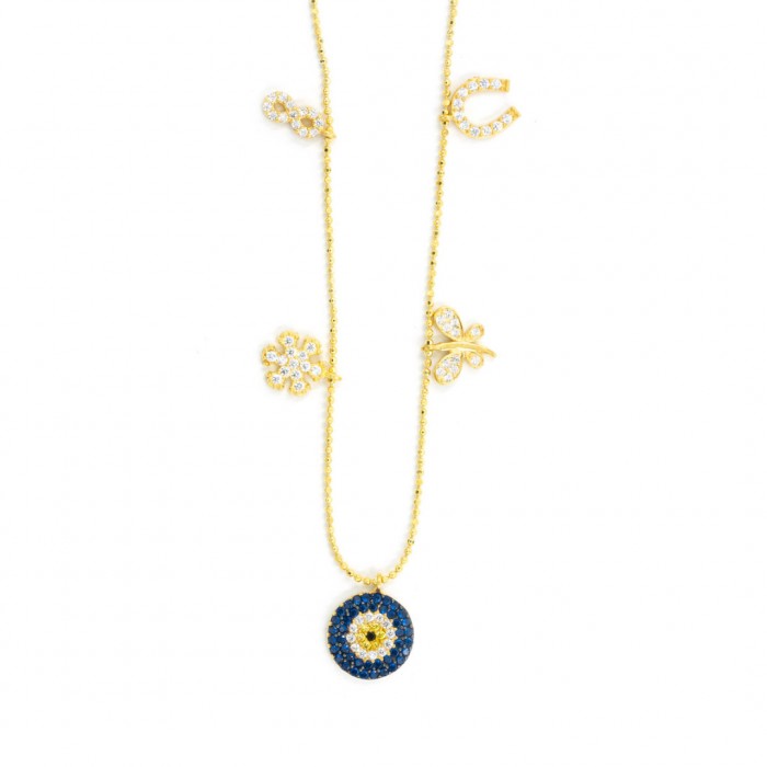 Yellow Silver Necklace Embroidered with White and Blue Zircon Stones with An Evil Eye Design