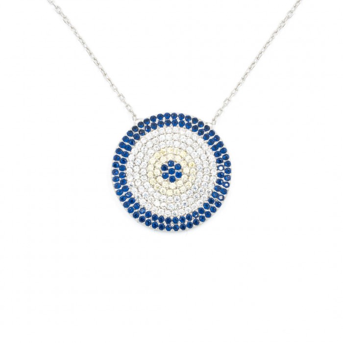 925 Sterling Silver Chain Decorated with White and Blue Zircon in a Circular Design