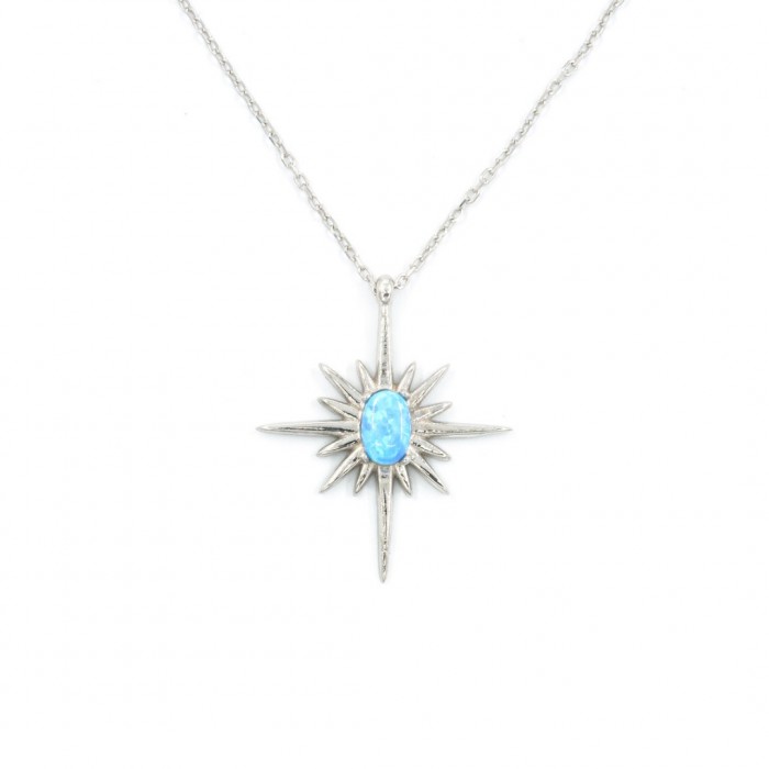 Sterling Silver Necklace with a North Star Pendant Decorated with a Turquoise Blue Zircon Stone