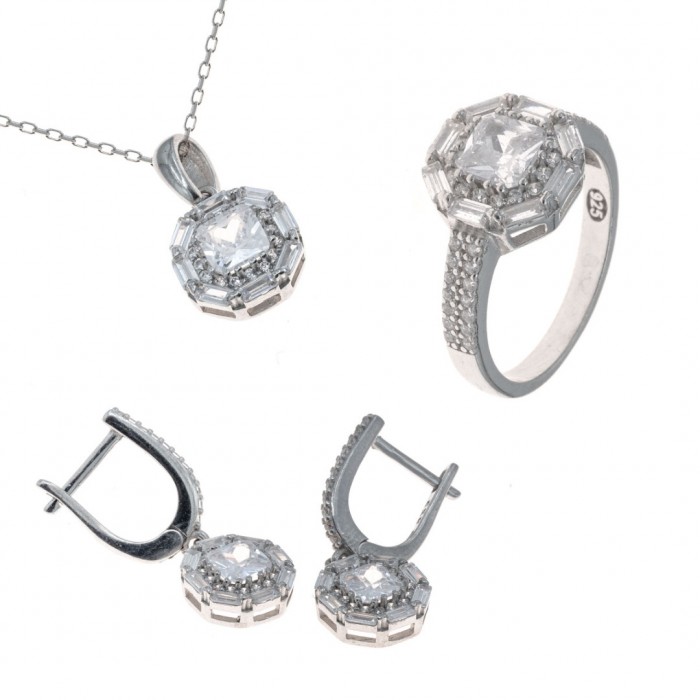 Women's Sterling Silver Jewelry Set with Zircon Stone in Circular Design