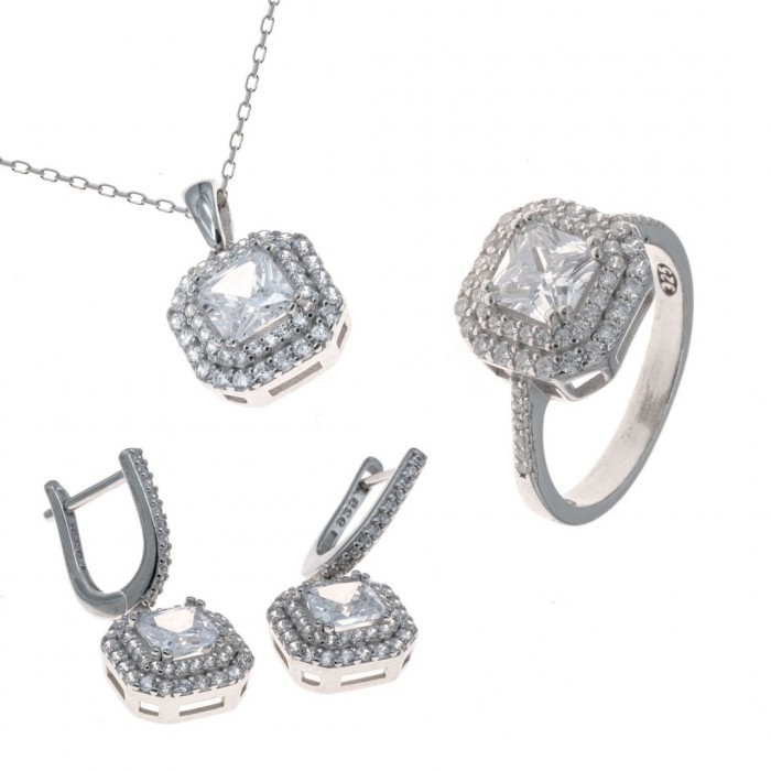 Women's Accessories of 925 Sterling Silver, Necklace, Earrings, and Ring Decorated with Zircon Stone