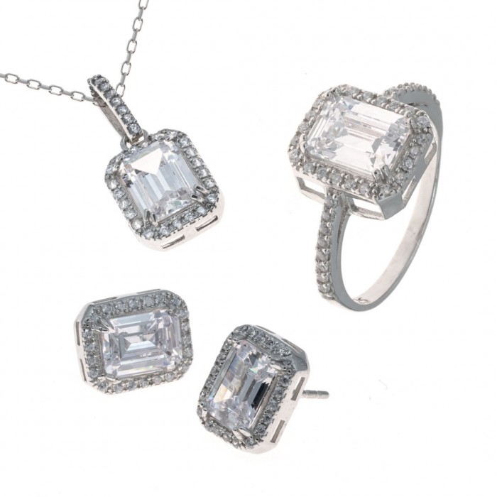 Exquisite Women's 925 Sterling Silver Accessories Set with White Zircon Stones, Necklace, Ring, and Earrings