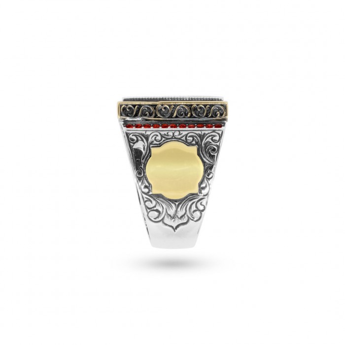 Classic Sterling Silver Men's Ring with Red Zirconia and Book Folder Design